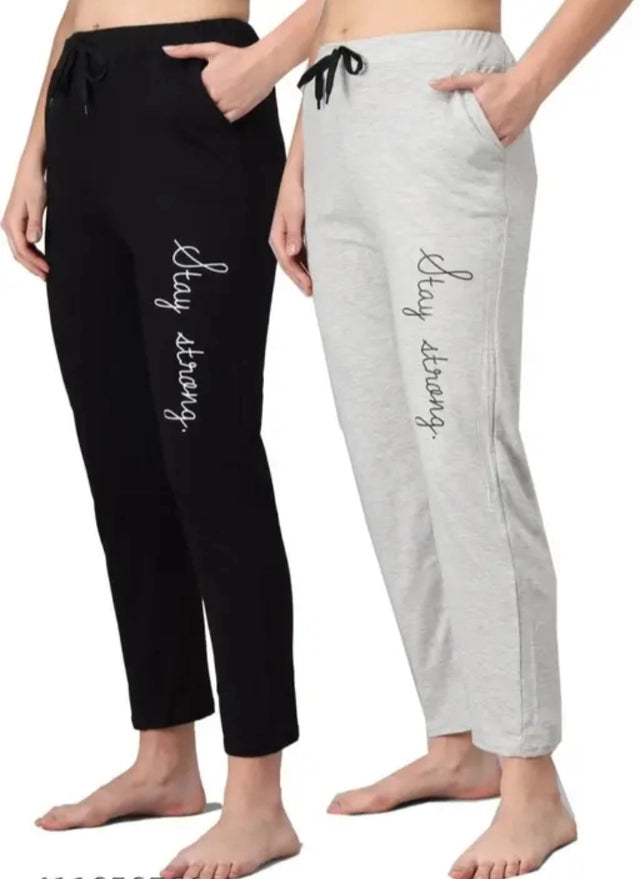 Cotton Blend Straight Fit Trousers for Women - Black & Grey Pack of 2 (Size M)