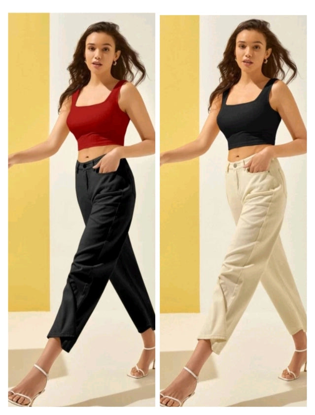 Cotton Blend Solid Top for Women - Maroon & Black Pack of 2 (Size S)